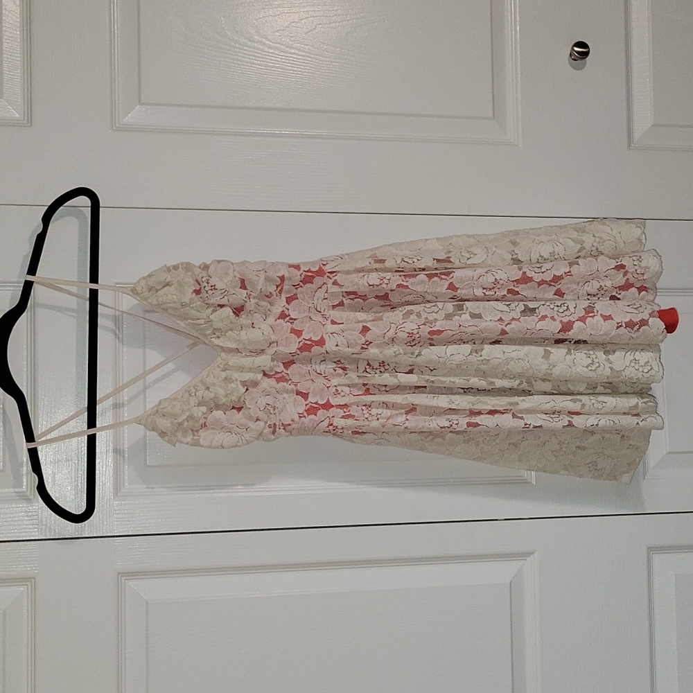 Chelsea & Violet mini dress, white lace with red slip, size medium